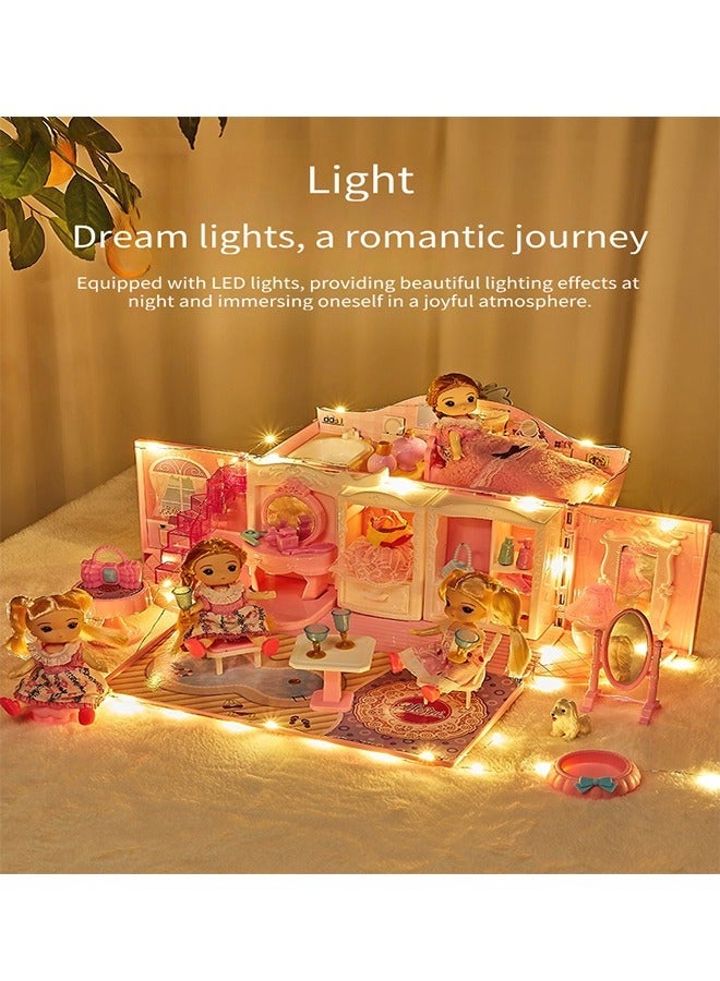 2 Floors Huge handbag Dollhouse Play Set with 2 Rooms 4 doll 1handbag 1 Color Light Strips with Lights to Assemble Bedroom, Furniture, Garden,Pets DIY Pretend Play Doll House for Girls.