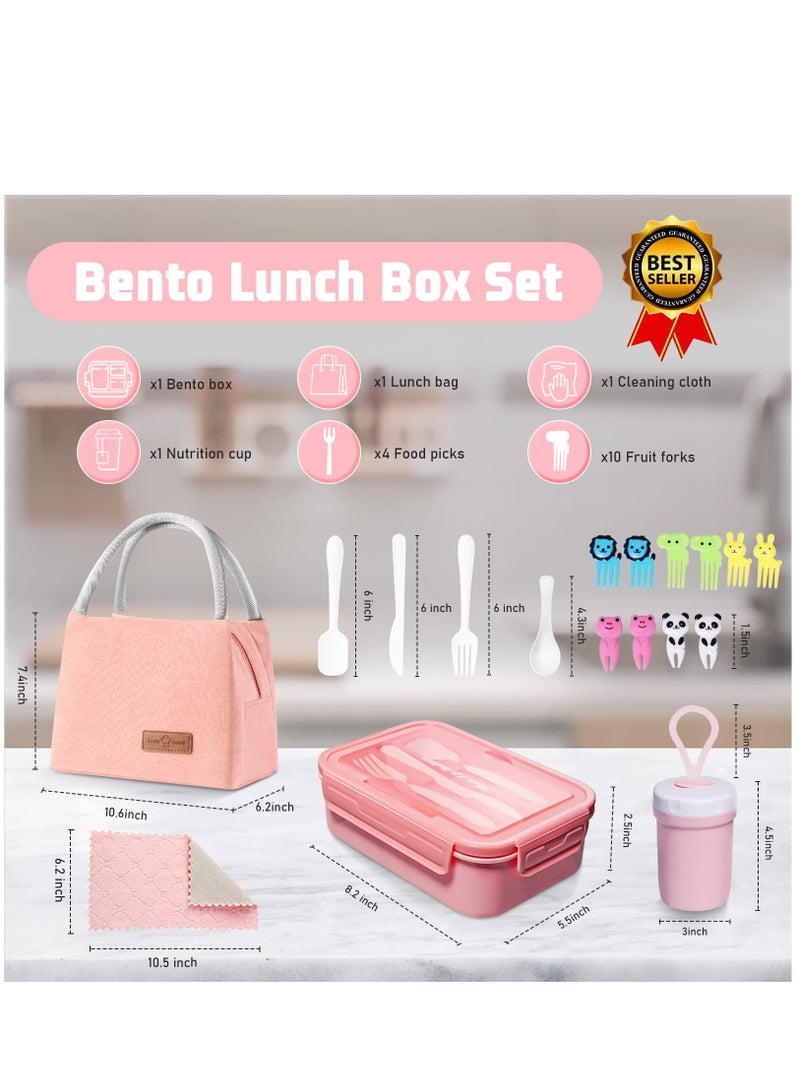 Lunch Box, 3 Compartments, Cup, Lunch Box, Spoon, Fork, Leak-proof, Suitable for Children, Adults, Teenagers (Pink)