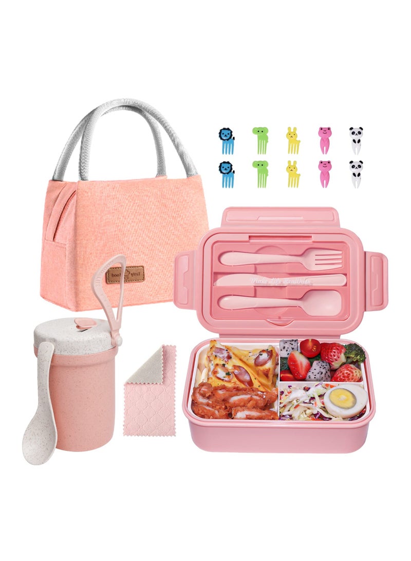 Lunch Box, 3 Compartments, Cup, Lunch Box, Spoon, Fork, Leak-proof, Suitable for Children, Adults, Teenagers (Pink)