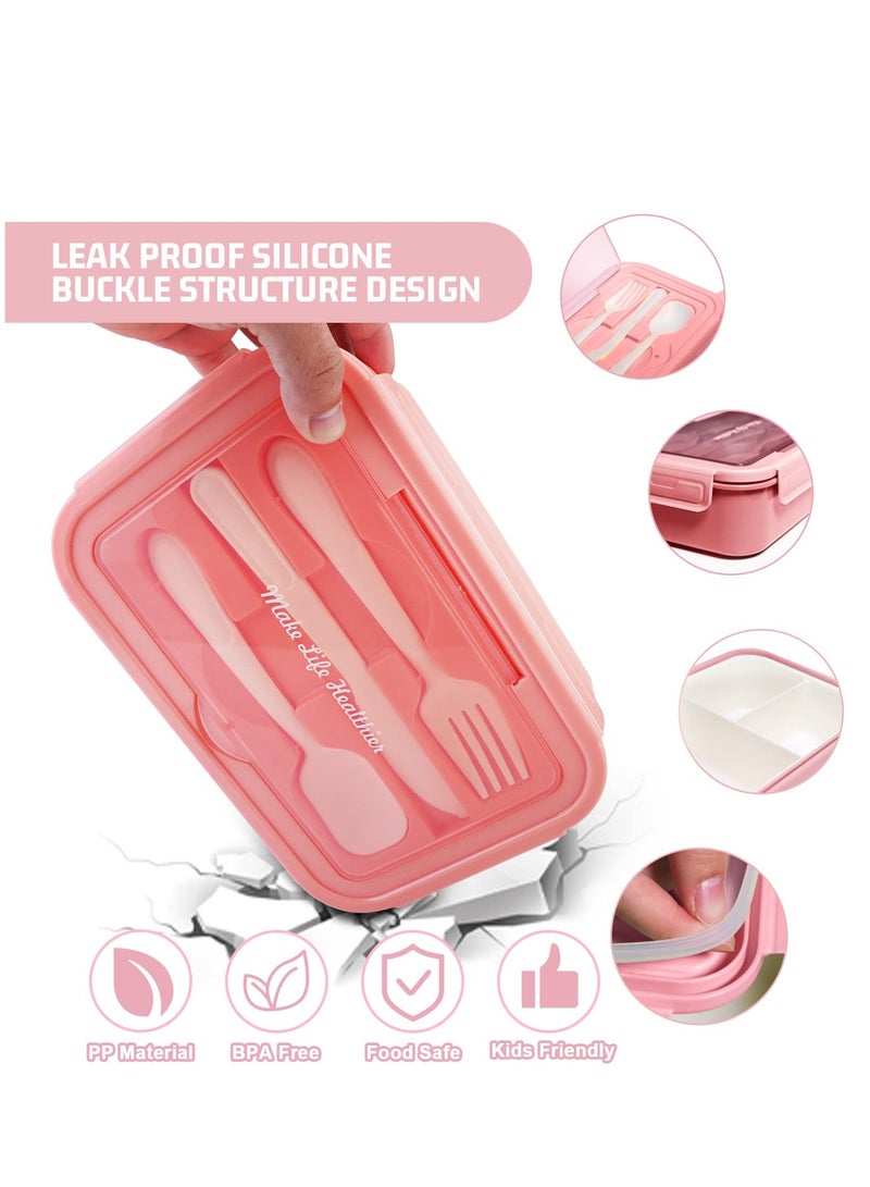 Lunch Box, 3 Compartments, Cup, Lunch Box, Spoon, Fork, Leak-proof, Suitable for Children, Adults, Teenagers (Pink)