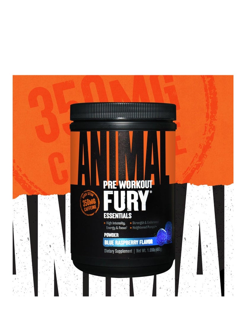 Animal Fury - Pre Workout Powder, Energy and Focus Supplement with 5g BCAA, 350 mg Caffeine, Beta-Alanine, Nitric Oxide Booster, Blue Raspberry Flavor, 30 Servings