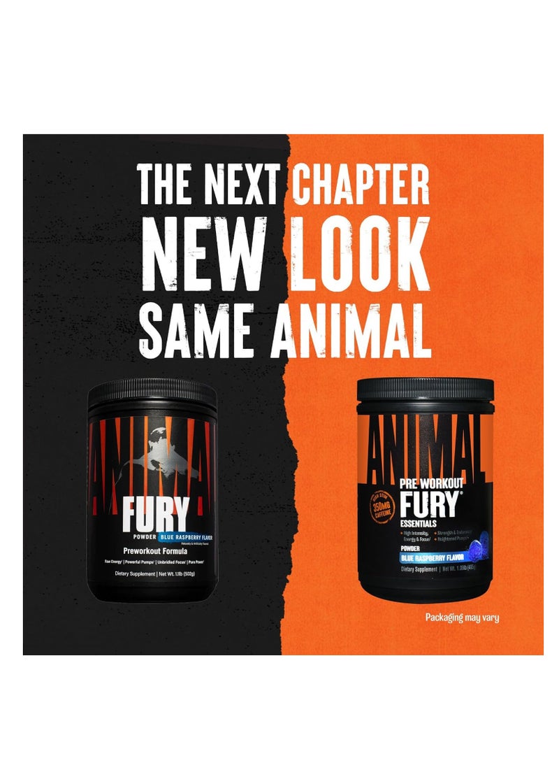 Animal Fury - Pre Workout Powder, Energy and Focus Supplement with 5g BCAA, 350 mg Caffeine, Beta-Alanine, Nitric Oxide Booster, Blue Raspberry Flavor, 30 Servings