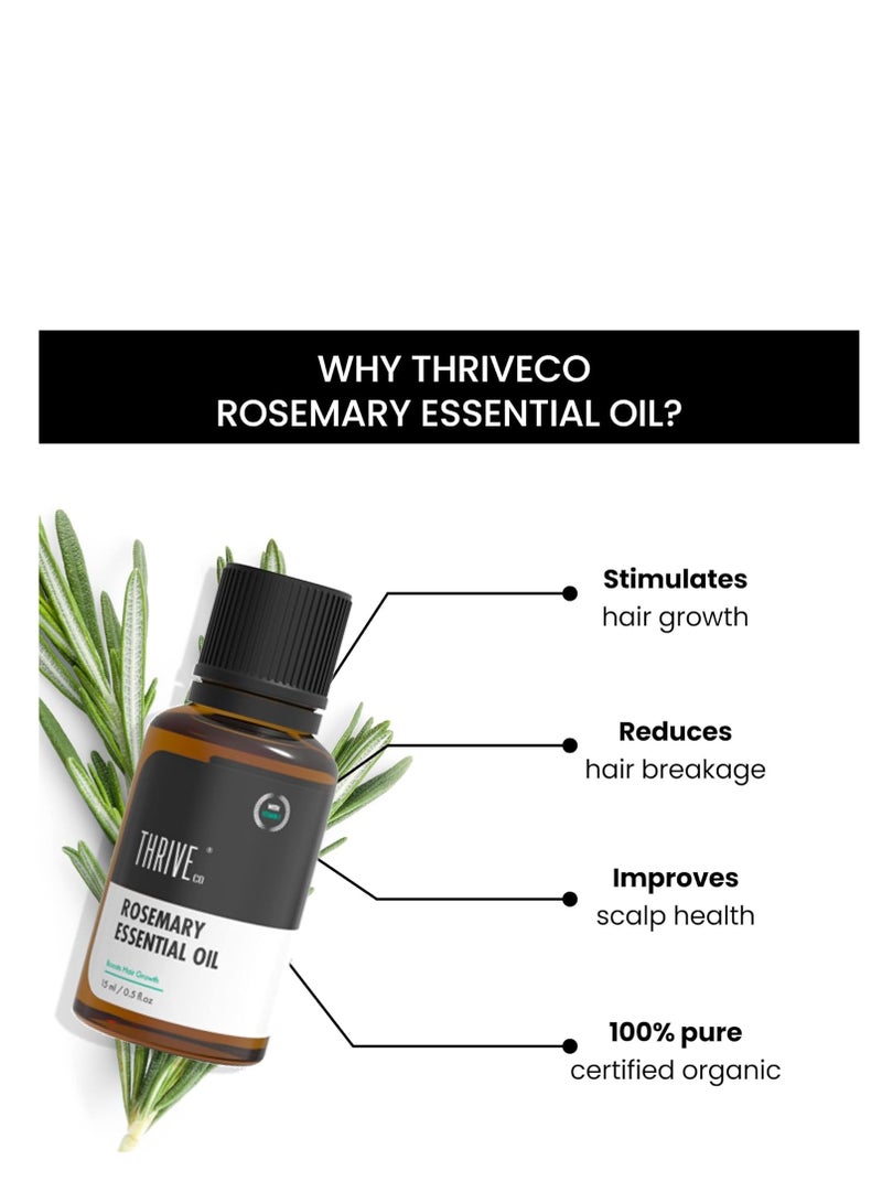 ThriveCo Rosemary Essential Oil For Hair Growth & Hair Fall Control Reduces Hair Breakage Pure Certified Organic and Natural With Vitamin E For Men and Women 15ml