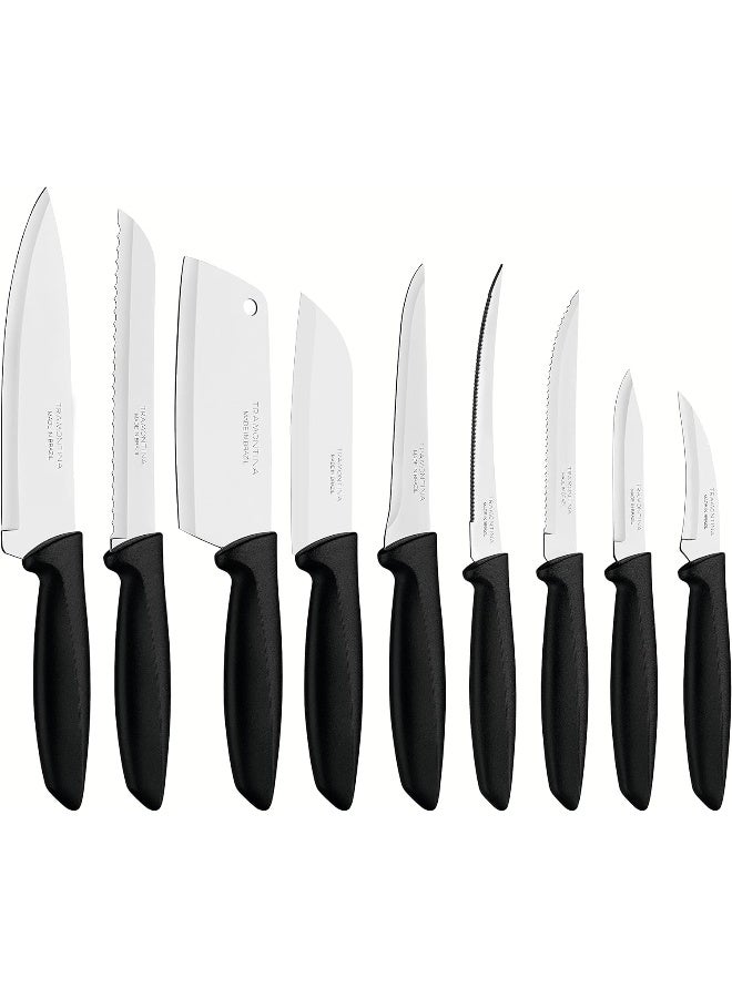 Tramontina Plenus 9 Pieces Knife Set With Stainless Steel Blade And Black Polypropylene Handle