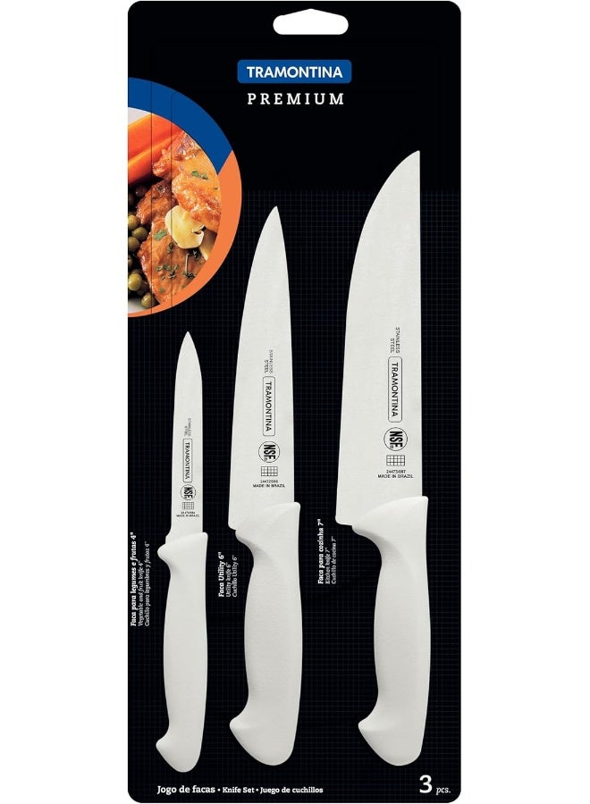 Tramontina Premium 3 Pieces Knife Set With Stainless Steel Blade And White Polypropylene Handle