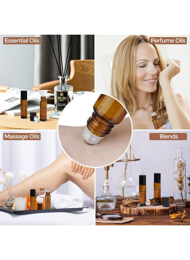 ComSaf 24 Pcs Roller Bottles for Essential Oils 10ml, Update Triple-Lock Seal Roll on Bottles Amber Perfume Glass Roller Balls for Essential Oils with Full Accessories