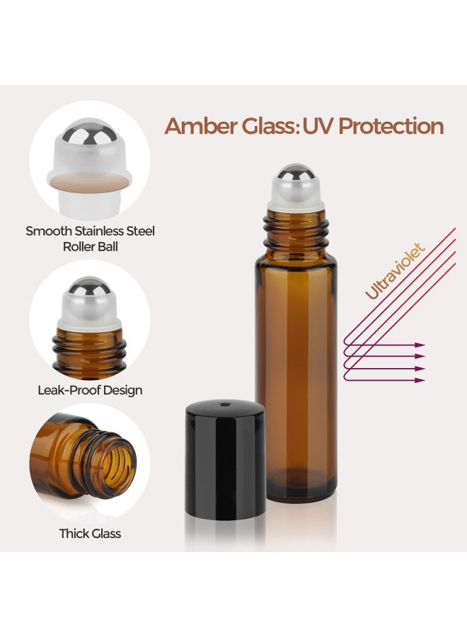 ComSaf 24 Pcs Roller Bottles for Essential Oils 10ml, Update Triple-Lock Seal Roll on Bottles Amber Perfume Glass Roller Balls for Essential Oils with Full Accessories