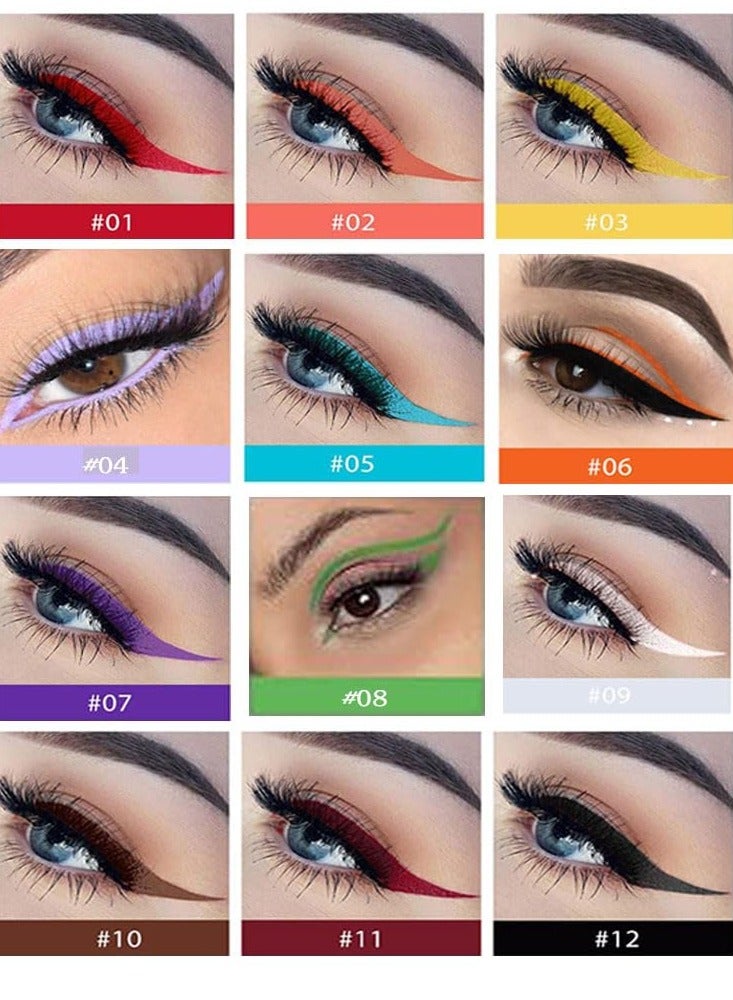 12 Pcs Colorful Liquid Eyeliner Set, Waterproof Colored Eye liner, Neon, Matte Finish, Long-Lasting, Ideal Summer Makeup for Women & Girls