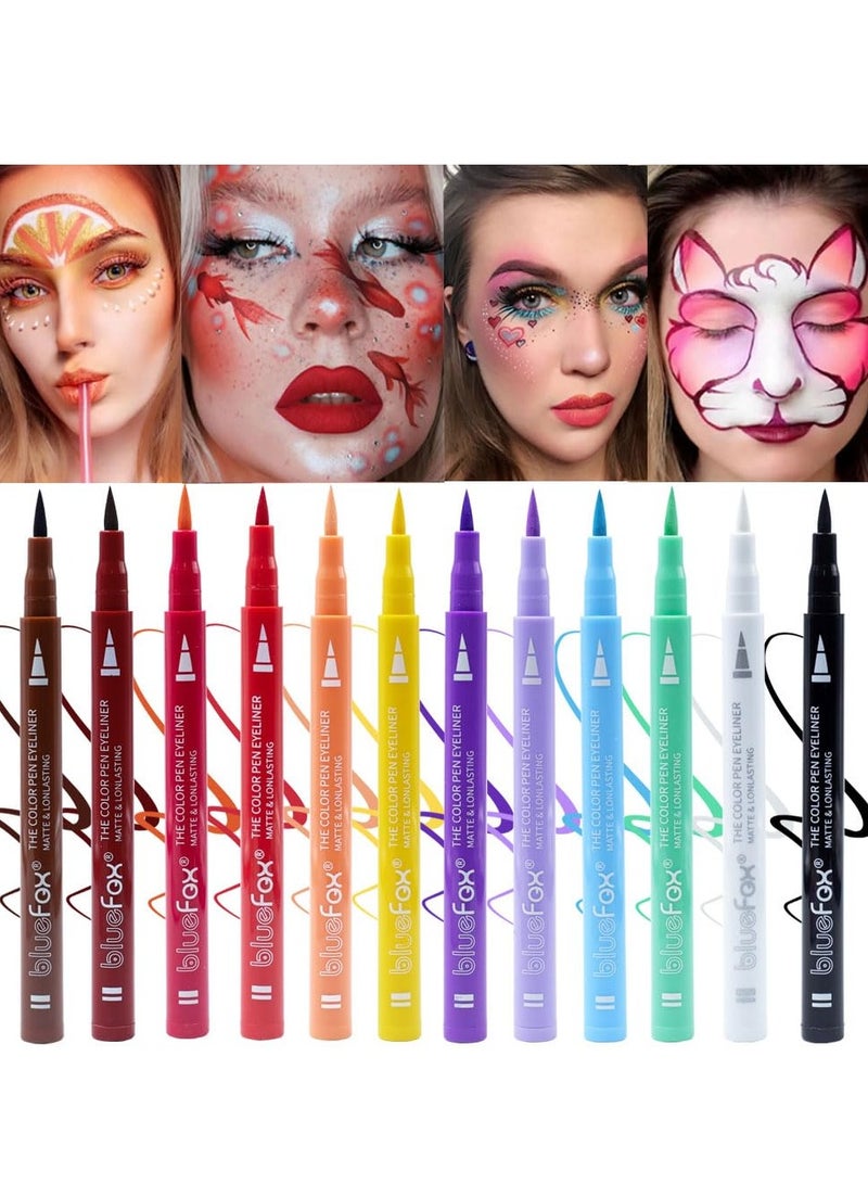 12 Pcs Colorful Liquid Eyeliner Set, Waterproof Colored Eye liner, Neon, Matte Finish, Long-Lasting, Ideal Summer Makeup for Women & Girls