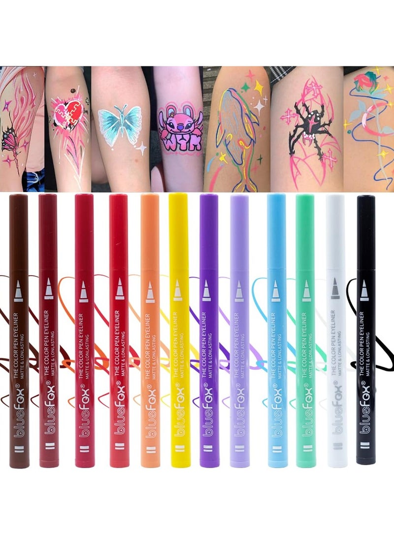 12 Pcs Colorful Liquid Eyeliner Set, Waterproof Colored Eye liner, Neon, Matte Finish, Long-Lasting, Ideal Summer Makeup for Women & Girls