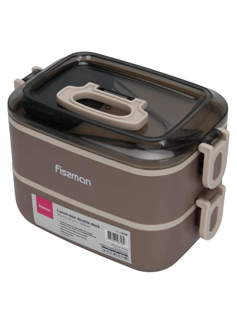 Double Deck Lunch Box 1800ml with Stainless Steel Compartment, Sauce Cup Spoon and Fork Microwave And Dishwasher Safe