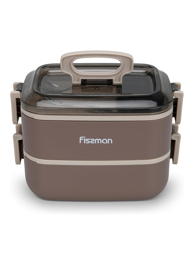 Double Deck Lunch Box 1800ml with Stainless Steel Compartment, Sauce Cup Spoon and Fork Microwave And Dishwasher Safe