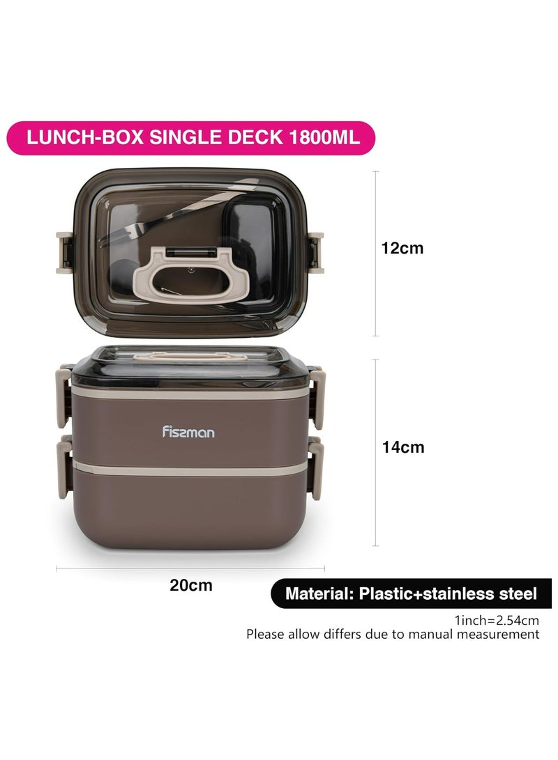 Double Deck Lunch Box 1800ml with Stainless Steel Compartment, Sauce Cup Spoon and Fork Microwave And Dishwasher Safe