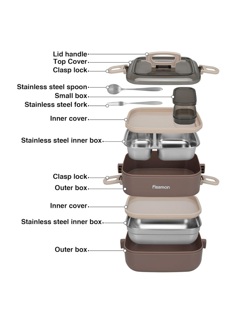 Double Deck Lunch Box 1800ml with Stainless Steel Compartment, Sauce Cup Spoon and Fork Microwave And Dishwasher Safe