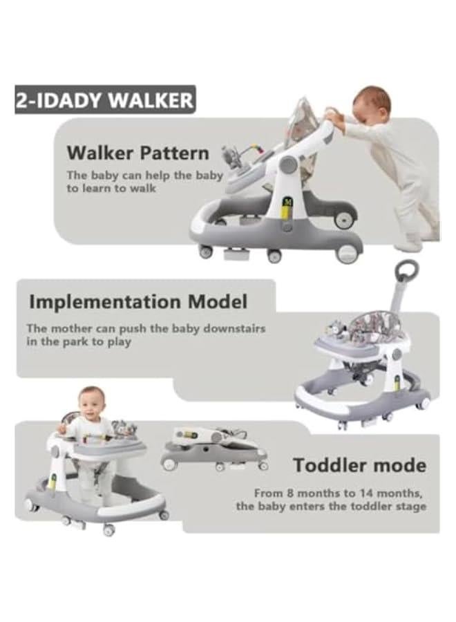 Baby Walker with Adjustable Height Removable Footrest, Foldable Baby Walkers with Wheels and Baby Activity Center with Music Toys Tray,Crotch 5-Gear Height Adjustable for Toddler 6-24 Months (Grey)