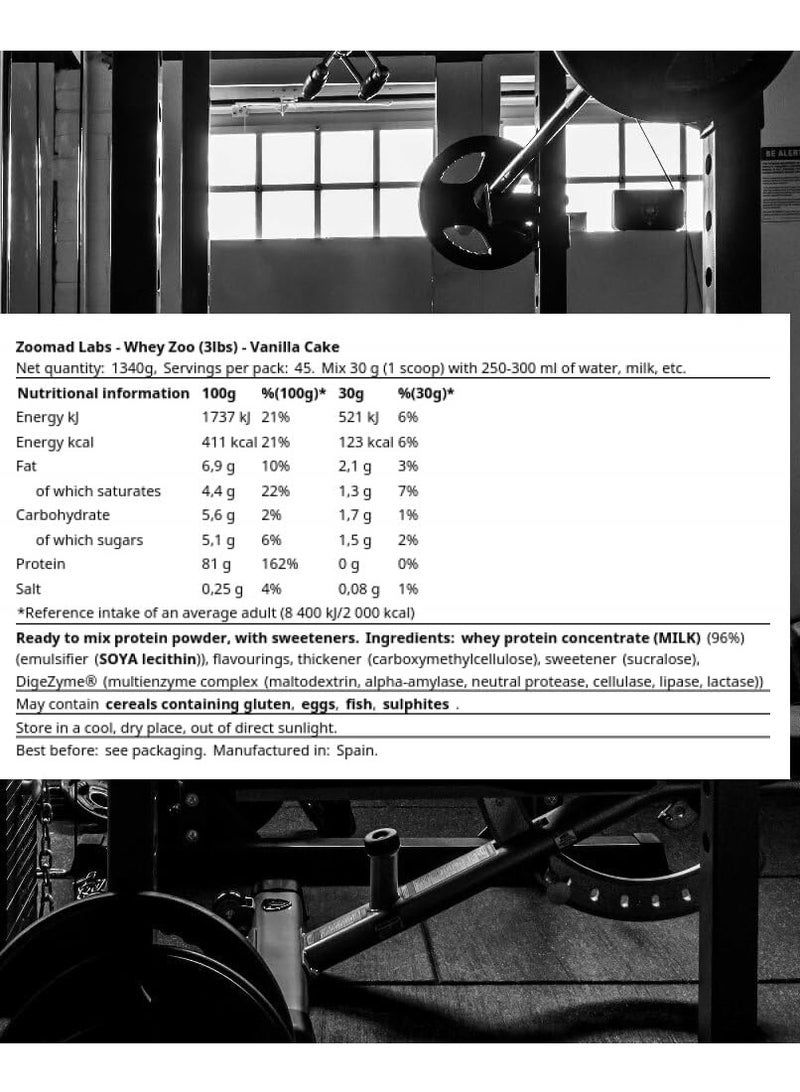 Zoomad Labs WheyZoo - Spanish Made, High-Quality, Whey Protein Concentrate, 3LB, Vanilla Cake Flavor, 45 Servings