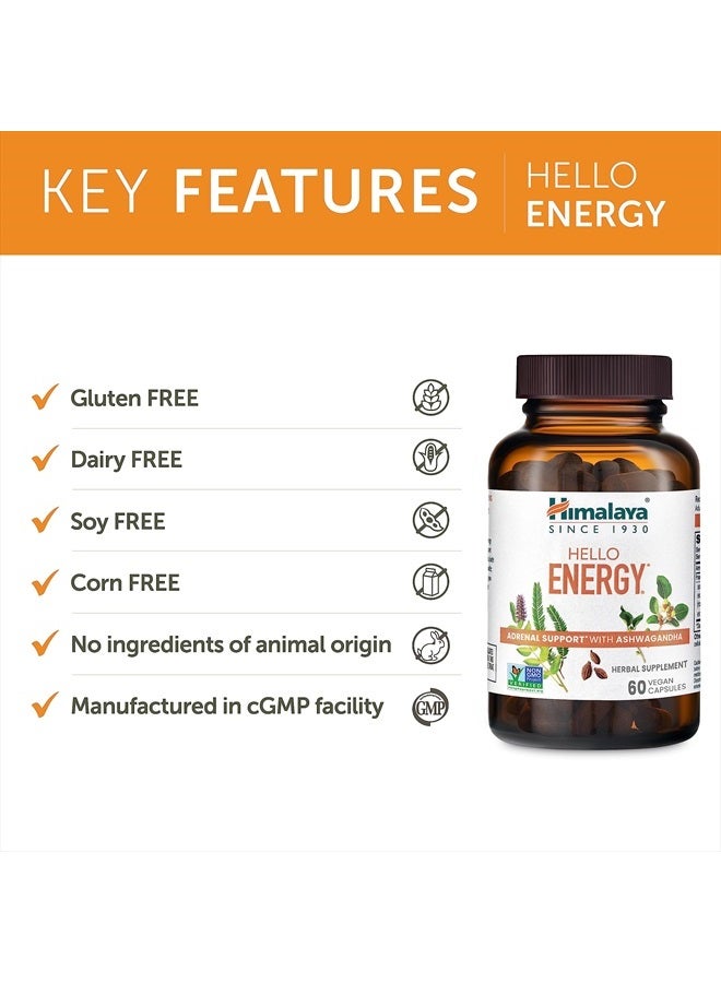 Hello Energy Herbal Supplement with Ashwagandha, Amla, Haritaki, Daily Energy Support, Positivity, Metabolism, Caffeine Free, Gluten Free, Non-GMO, Vegan, 60 Capsules, 30 Day Supply