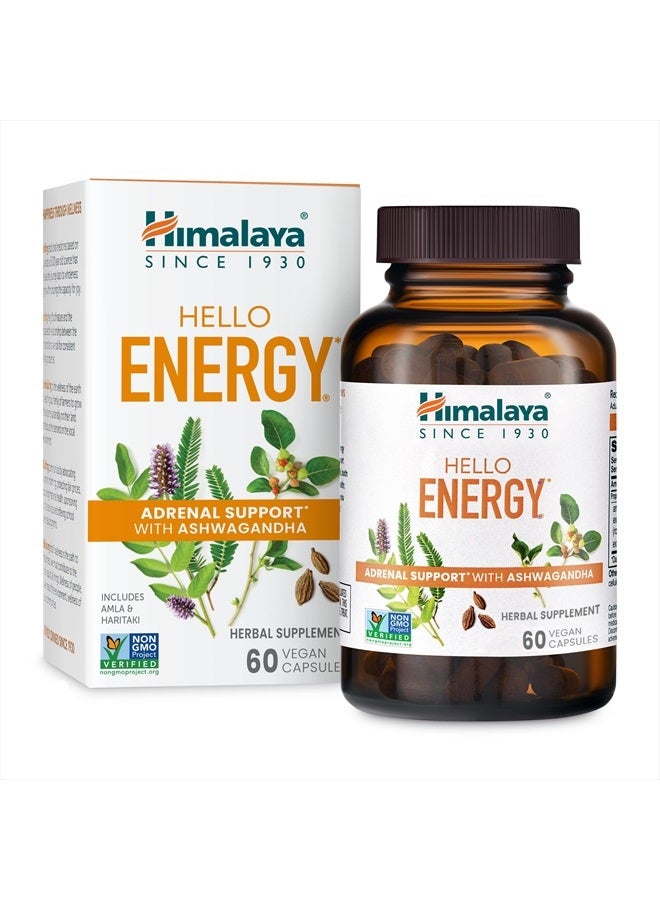 Hello Energy Herbal Supplement with Ashwagandha, Amla, Haritaki, Daily Energy Support, Positivity, Metabolism, Caffeine Free, Gluten Free, Non-GMO, Vegan, 60 Capsules, 30 Day Supply