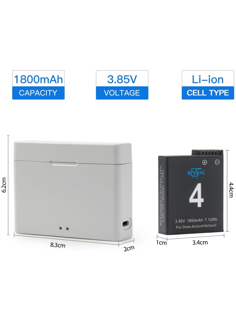 Upgrade 2 Pack Osmo Action 4 Action 3 Battery with 2-Channel Rapid Charger Fit for DJI Osmo Action 4,Action 3 Camera,1800mAh Osmo Action 4&3 Battery, Portable Charger (Include Type-C Charging Cable)