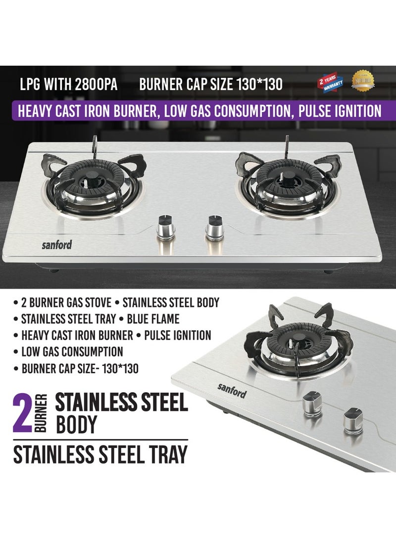 Stainless Steel Gas Stove 2 Burner, Heavy Cast Iron Burners, Low Gas Consumption SF5402GC Silver