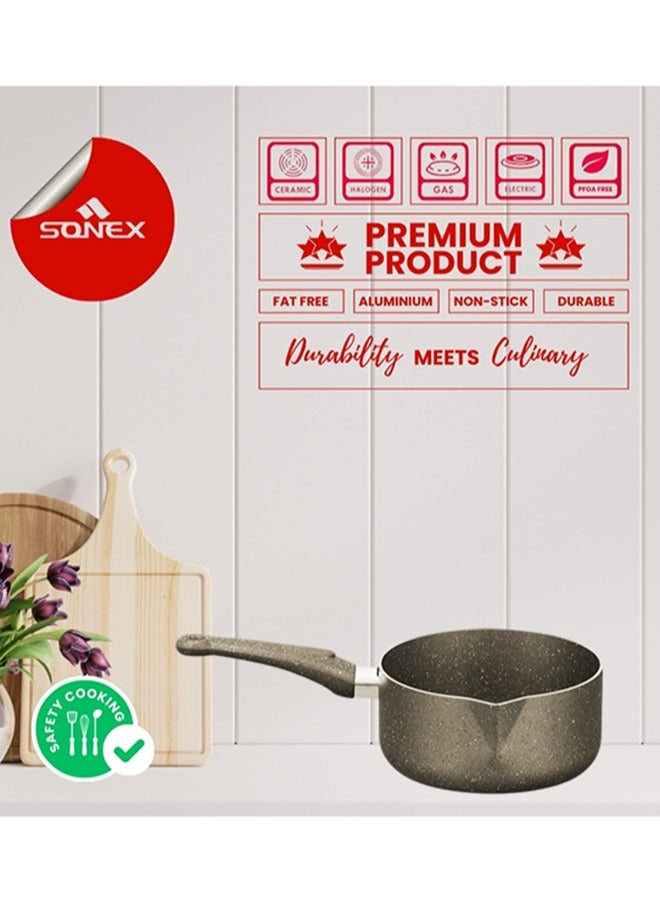 Sonex Non Stick Galaxy Milk Pan, Marble Coat, Sand Beige, PFOA Free, Spout Design, Ergonomic  Cool Handle, Dishwasher Safe, Multi-Purpose Sauce/Milk Pan,1.5-3.5 Ltr Capacity, Induction Compatible