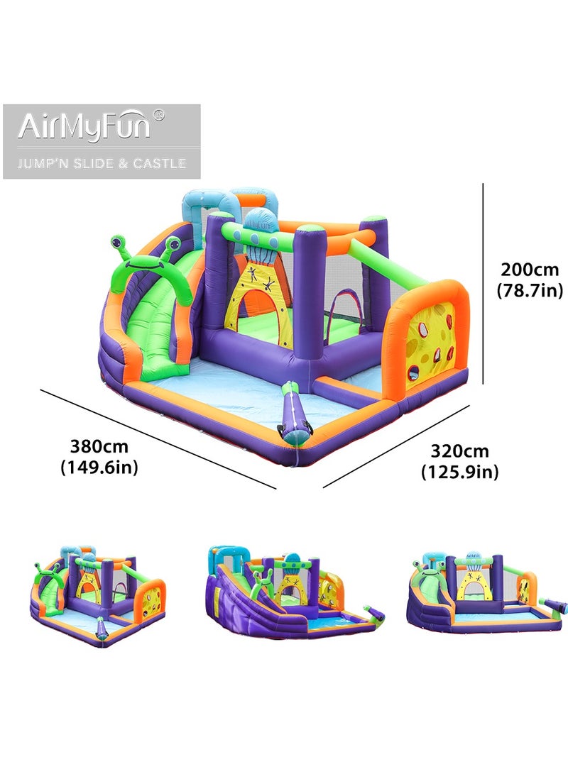 AirMyFun Inflatable Water slide Frog Theme Bounce House for Big Kids 8-12 with Long Slide and Spray Water Gun for Kids Backyard Inflatable Bouncy Castle