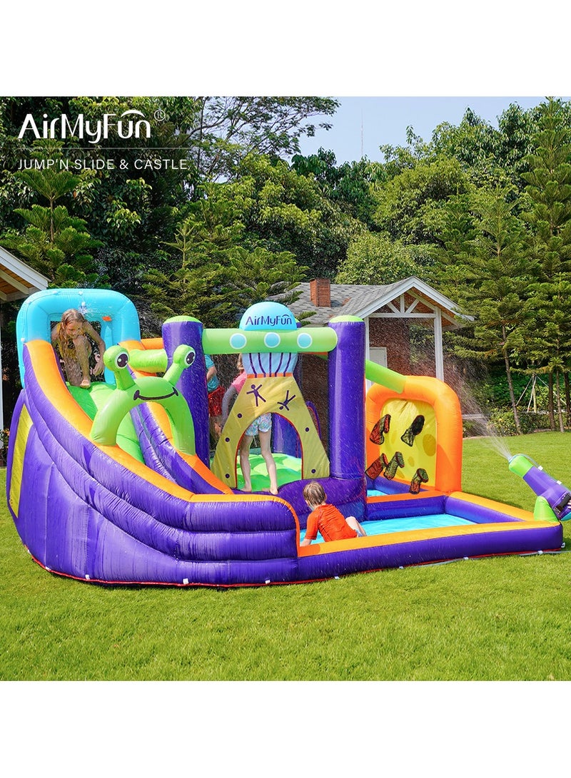 AirMyFun Inflatable Water slide Frog Theme Bounce House for Big Kids 8-12 with Long Slide and Spray Water Gun for Kids Backyard Inflatable Bouncy Castle