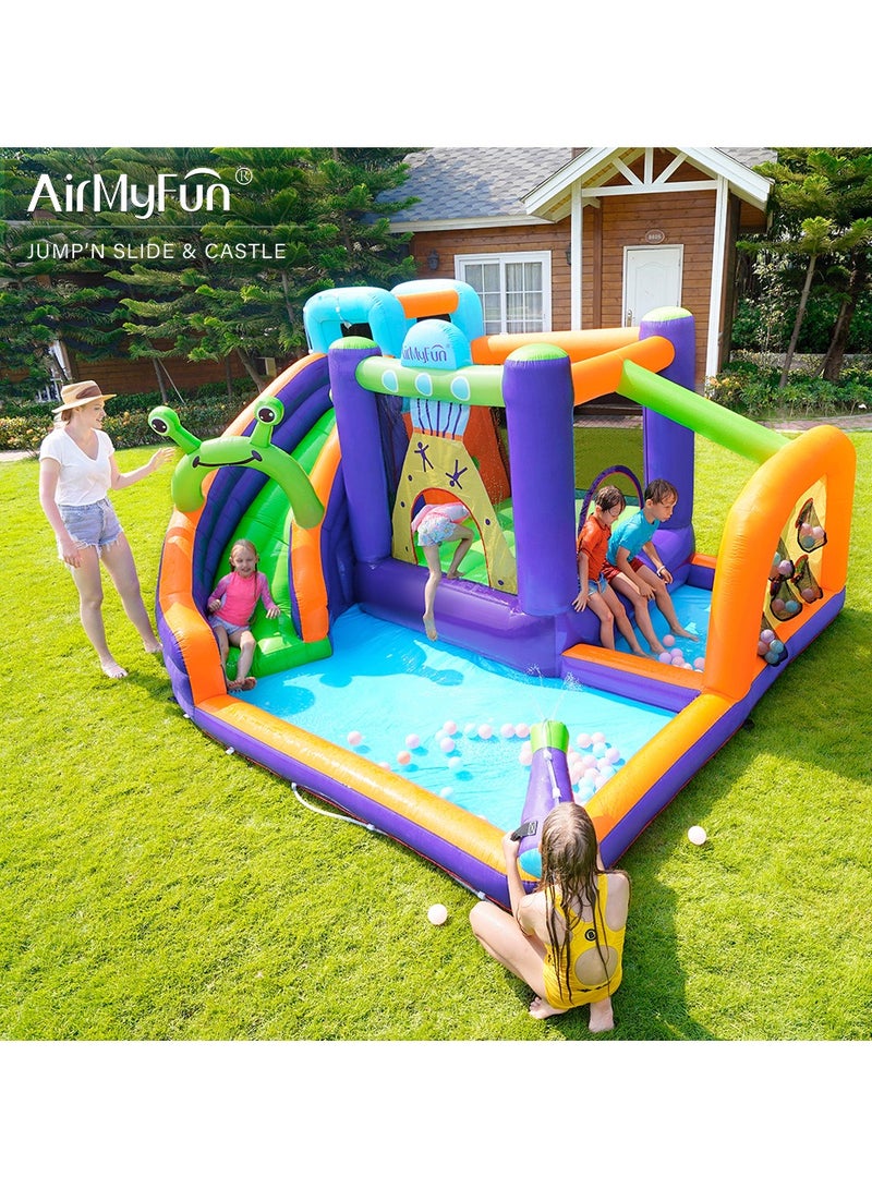 AirMyFun Inflatable Water slide Frog Theme Bounce House for Big Kids 8-12 with Long Slide and Spray Water Gun for Kids Backyard Inflatable Bouncy Castle