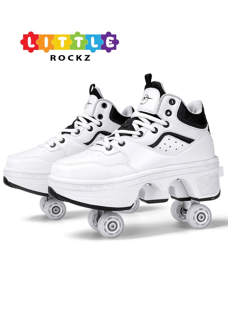 Little Rockz Double Row Skate Sneakers Shoes, 2 in 1 Parkour Shoes with Wheels for for Adult Kids Retractable Pulley Roller Skate Shoes