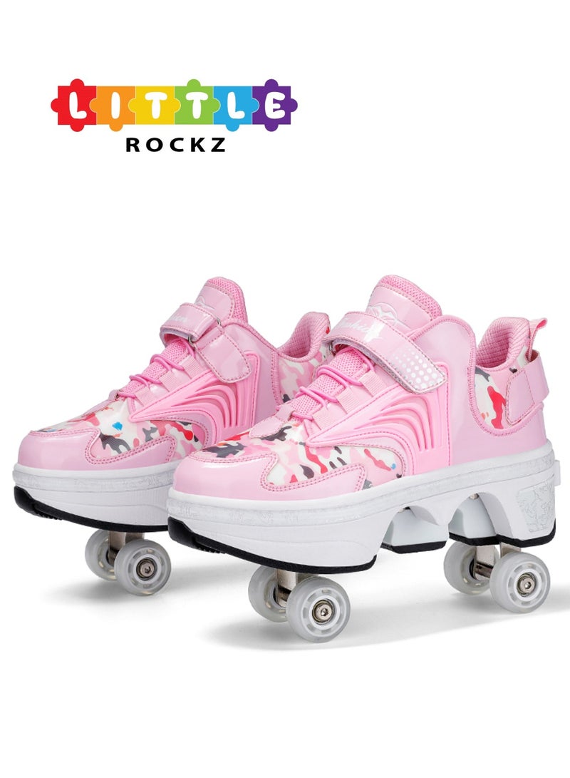 Little Rockz Double Row Skate Sneakers Shoes, 2 in 1 Parkour Shoes with Wheels for for Adult Kids Retractable Pulley Roller Skate Shoes