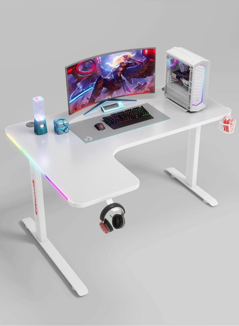 Multifunctional Adjustable Height Gaming Desk with RGB LED Lights, Wireless Remote, Handle Rack, Cup Holder and Headphone Hook 160 CM White