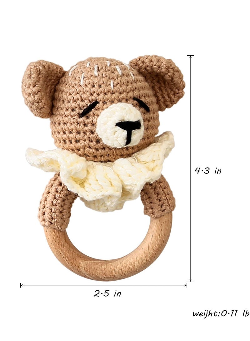 Wooden Baby Rattle with Crochet Bear, Infant Wood Animal Toy for Early Development and Grips, Newborn Stuffed Animal Rattle