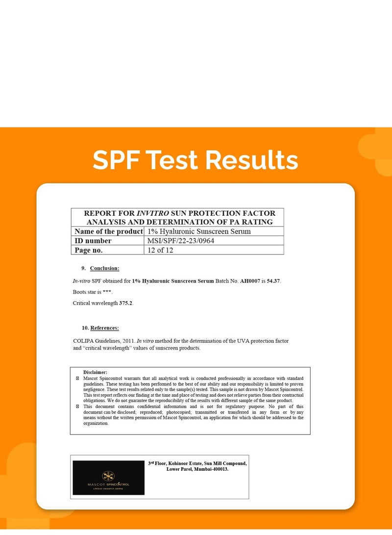 The Derma Co 1% Hyaluronic Acid Sunscreen For All Skin Types Serum With Spf 50 & Niacinamide For Broad Spectrum Protection - 30Ml, Pack Of 1