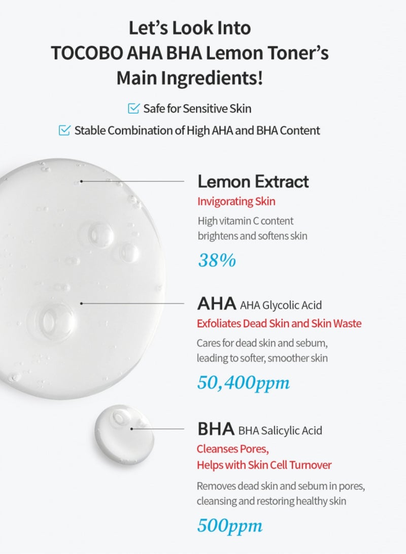 TOCOBO AHA BHA Lemon Toner 150ml – Exfoliating Toner with Lemon Extract for Brightening, Pore Care, and Smooth Skin – Contains AHA & BHA for Gentle Exfoliation and Renewal