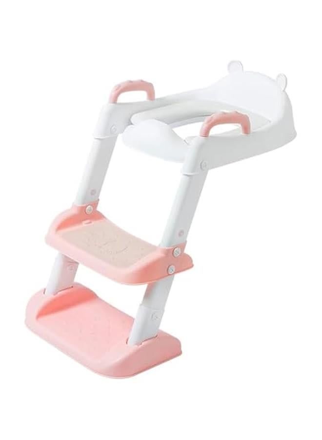 Toilet Training Seat with Pedal Stool Ladder, Foldable Toddler Toilet Seat with Anti-Slip Pads, 2 In 1 Kids Potty Training Toilet Splash Proof Plate Suitable for Boys and Girls (Pink)