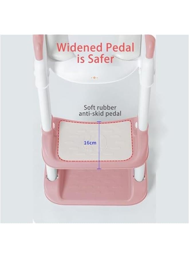 Toilet Training Seat with Pedal Stool Ladder, Foldable Toddler Toilet Seat with Anti-Slip Pads, 2 In 1 Kids Potty Training Toilet Splash Proof Plate Suitable for Boys and Girls (Pink)