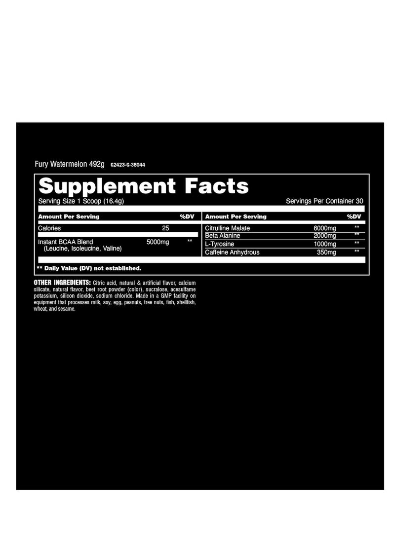 Animal Fury - Pre Workout Powder, Energy and Focus Supplement with 5g BCAA, 350 mg Caffeine, Beta-Alanine, Nitric Oxide Booster, Watermelon Flavor, 20 Servings