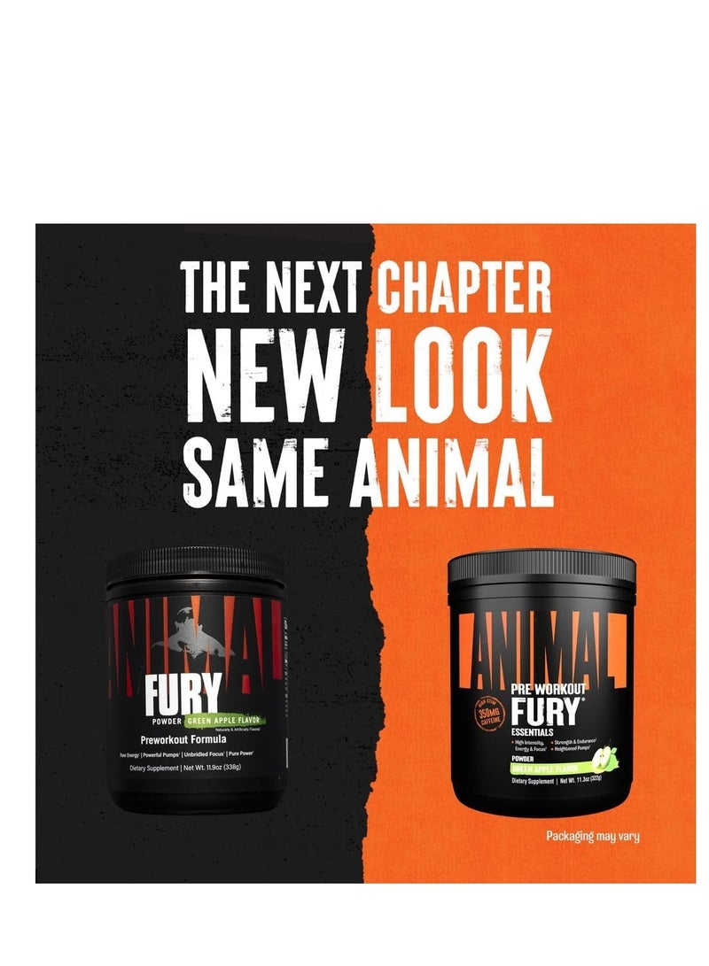 Animal Fury - Pre Workout Powder, Energy and Focus Supplement with 5g BCAA, 350 mg Caffeine, Beta-Alanine, Nitric Oxide Booster, Green Apple Flavor, 20 Servings