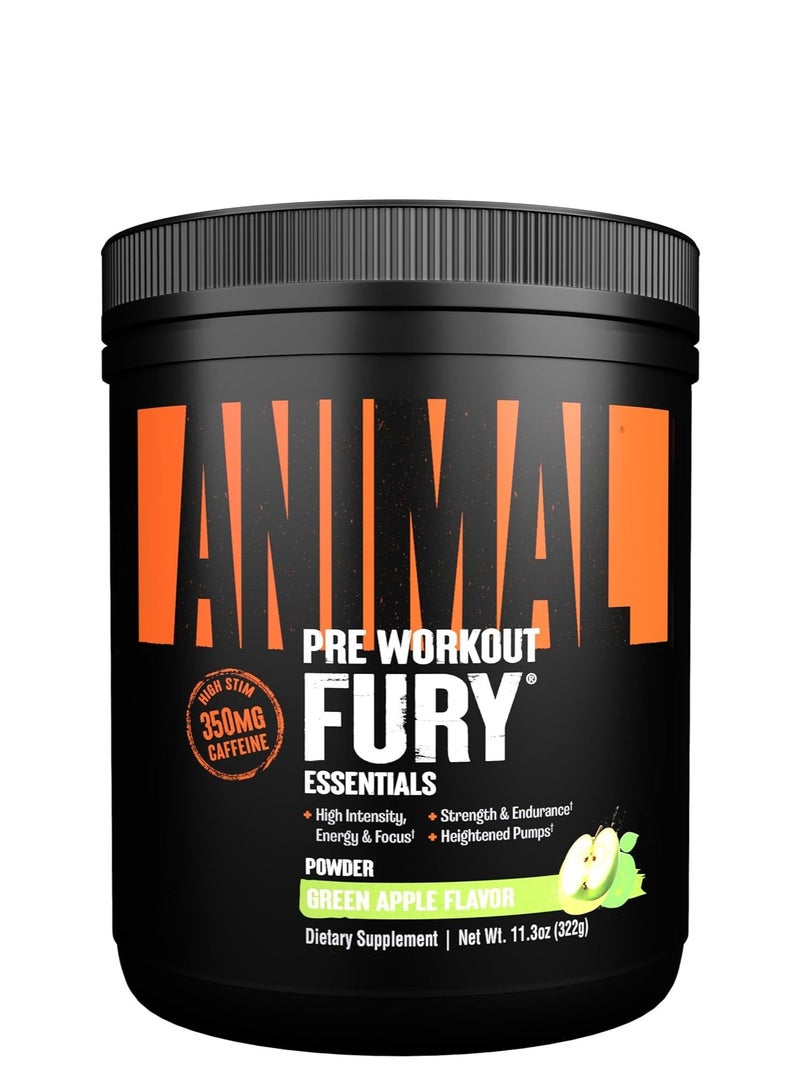 Animal Fury - Pre Workout Powder, Energy and Focus Supplement with 5g BCAA, 350 mg Caffeine, Beta-Alanine, Nitric Oxide Booster, Green Apple Flavor, 20 Servings