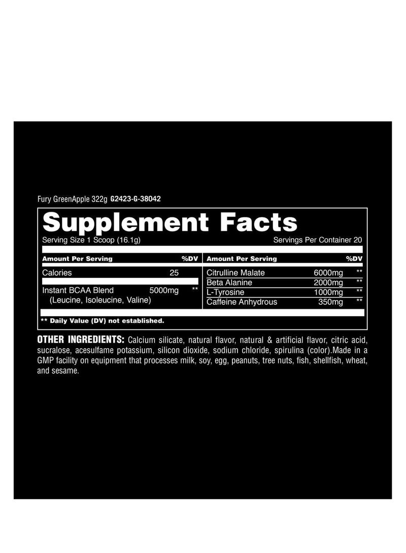 Animal Fury - Pre Workout Powder, Energy and Focus Supplement with 5g BCAA, 350 mg Caffeine, Beta-Alanine, Nitric Oxide Booster, Green Apple Flavor, 20 Servings