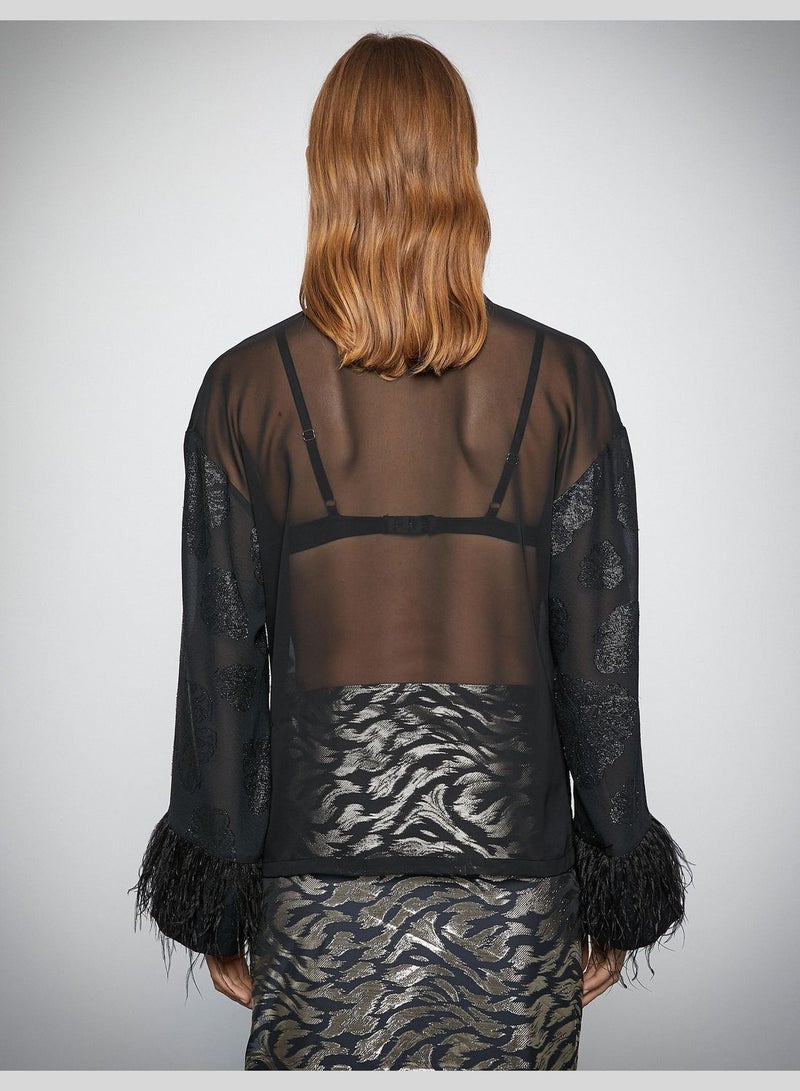 Jacquard Feather Detail Chiffon Shirt