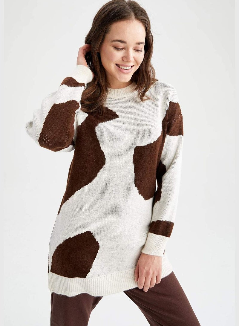 Regular Fit Long Sleeve Cow Print Tunic