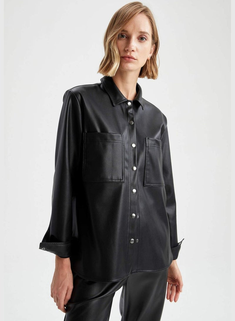 Oversize Faux Leather Shirt Jacket