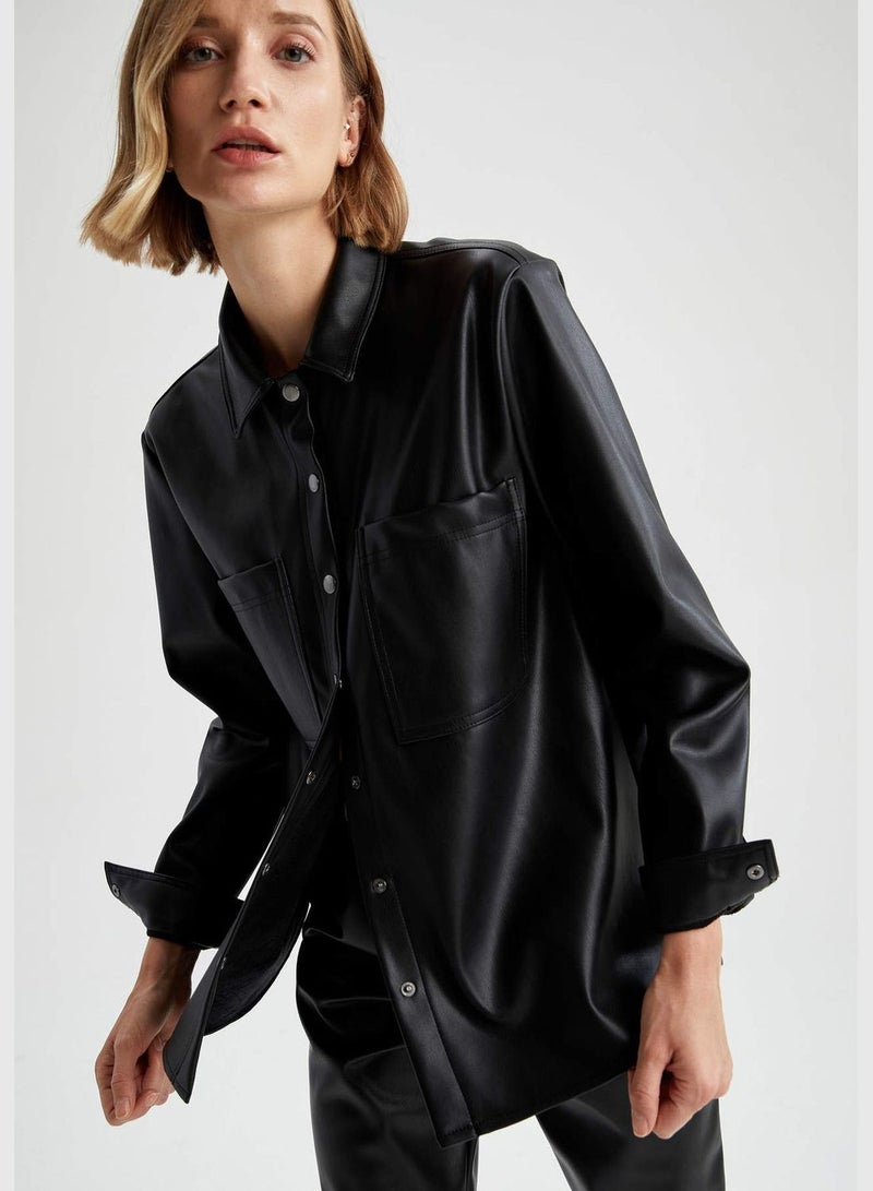 Oversize Faux Leather Shirt Jacket