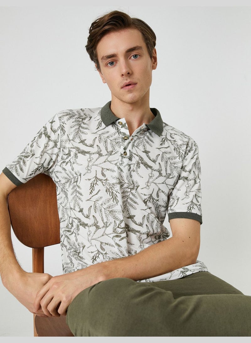 Polo Neck T-Shirt Button Detailed Leaf Printed