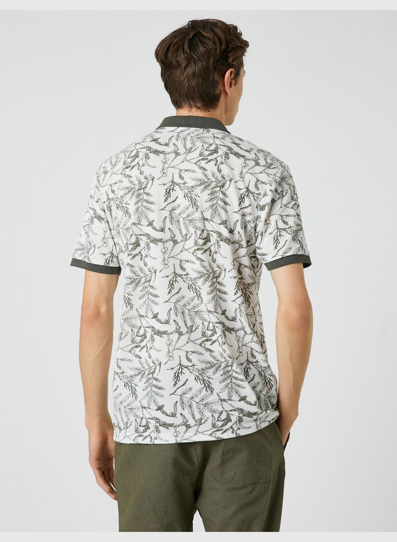 Polo Neck T-Shirt Button Detailed Leaf Printed