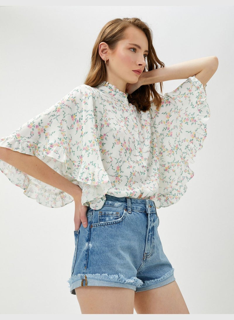 Bat Sleeve Mandarin Neck Floral Shirt