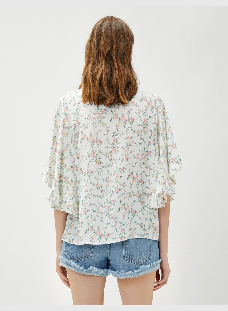 Bat Sleeve Mandarin Neck Floral Shirt