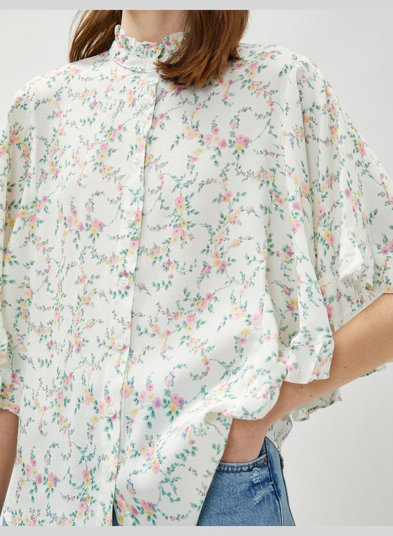 Bat Sleeve Mandarin Neck Floral Shirt