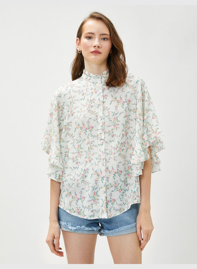 Bat Sleeve Mandarin Neck Floral Shirt